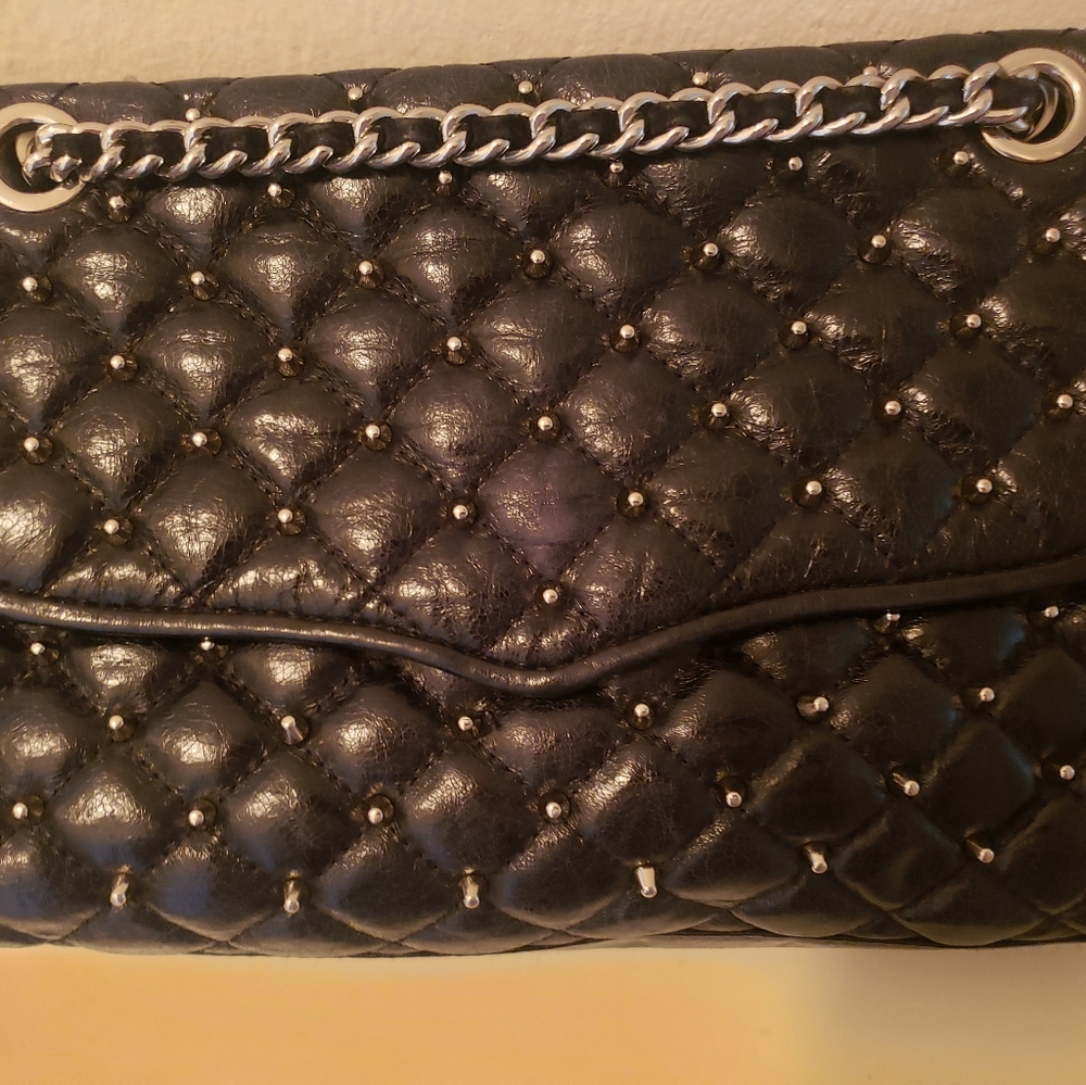 Rebecca Minkoff cross body quilted leather black silver studded purse in dust ba